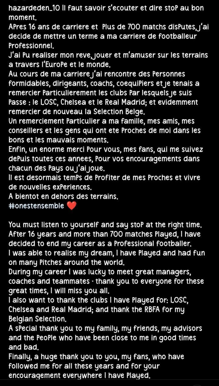 Postingan Eden Hazard Umumkan Pensiun di instagram