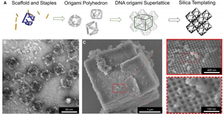 Rangkaian gambar di atas (A) menunjukkan bagaimana kerangka struktur tersebut dirangkai dengan DNA, kemudian dilapisi dengan kaca. (B) menunjukkan gambar mikroskop elektron transmisi dari bahan tersebut, dan (C) menunjukkan gambar mikroskop elektron pemindaian bahan tersebut, dengan dua panel sebelah kanan memperbesar fitur pada skala yang berbeda. (Foto: Universitas Connecticut)