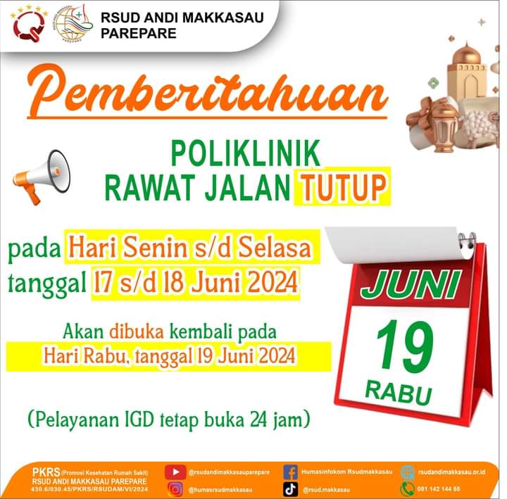 Hari Raya Iduladha: RSUD Andi Makkasau Umumkan 17-18 Juni Pelayanan Poli Rawat Jalan Tutup, IGD Buka 24 Jam