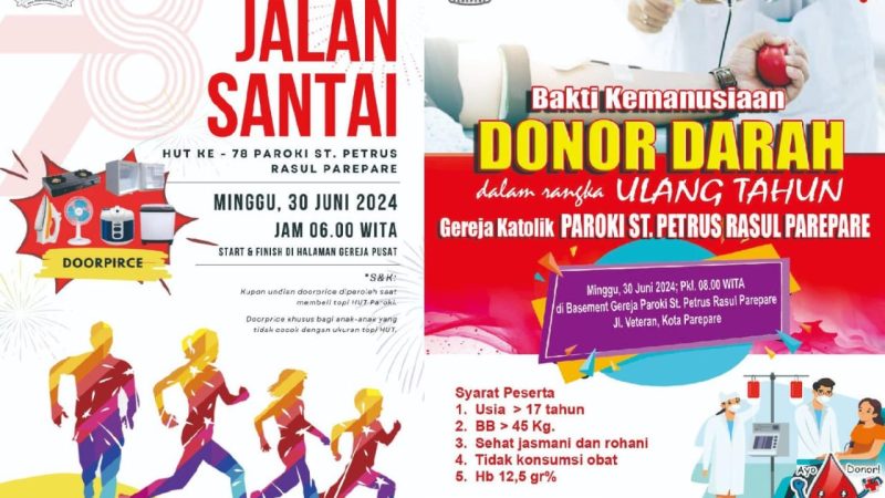 HUT ke 78, Gereja St Petrus Rasul Kota Parepare Akan Adakan Donor Darah dan Jalan Santai