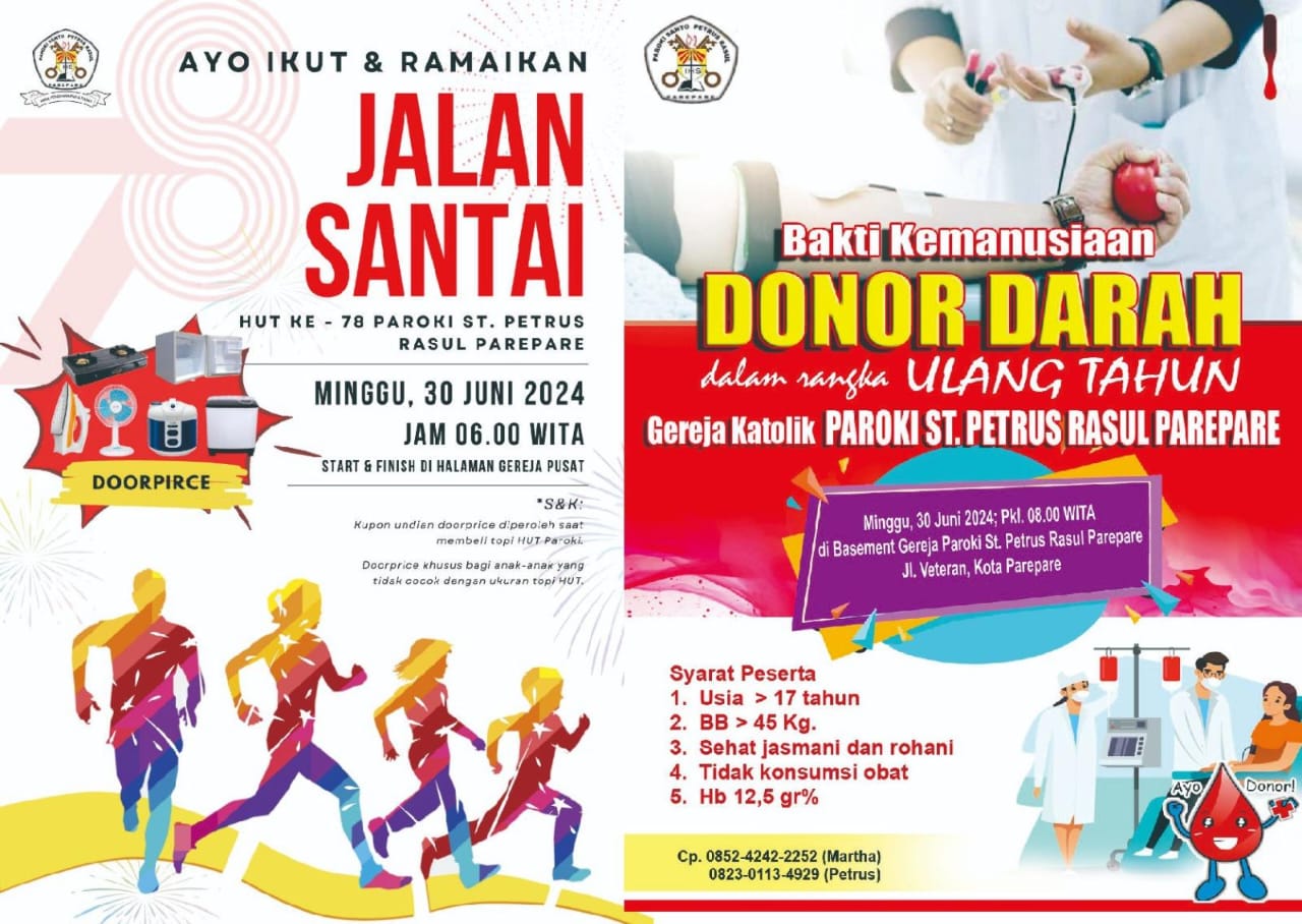 HUT ke 78, Gereja St Petrus Rasul Kota Parepare Akan Adakan Donor Darah dan Jalan Santai