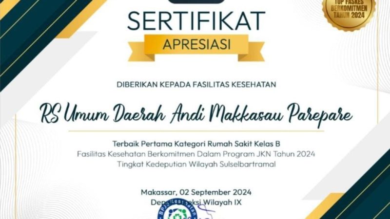 RSUD Andi Makkasau Parepare Raih Penghargaan Terbaik Pertama dari BPJS Kesehatan