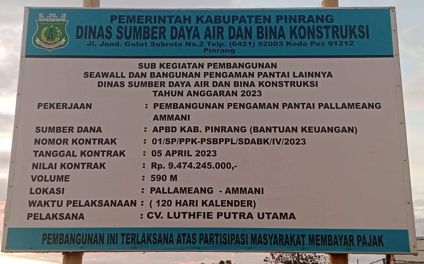 Papan Proyek Pengaman Pantai Pallameang Ammani Kabupaten Pinrang