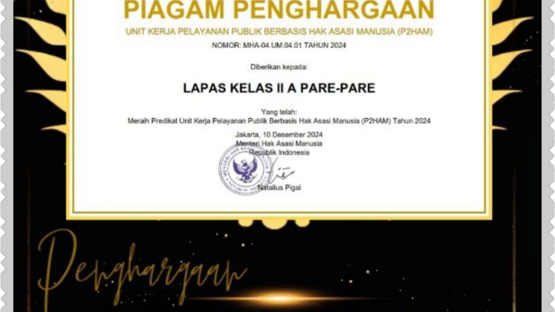 Lapas Kelas IIA Parepare Raih Penghargaan Pelayanan Publik Berbasis Hak Asasi Manusia 2024