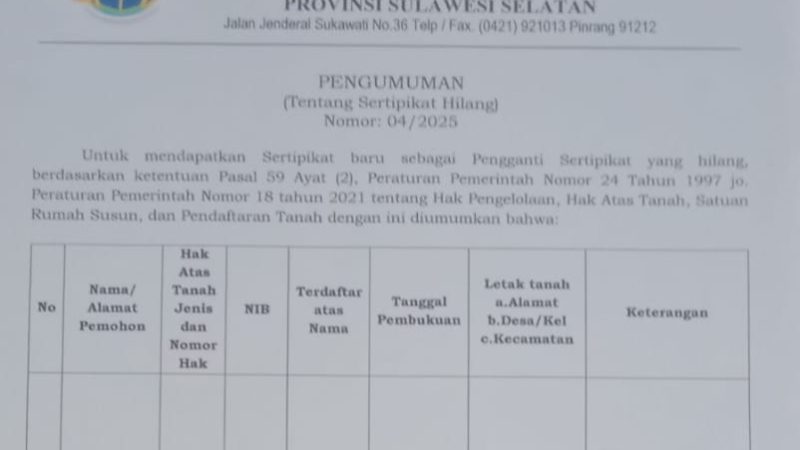 Kantor Pertanahan Pinrang Keluarkan Pengumuman tentang Sertifikat Hilang