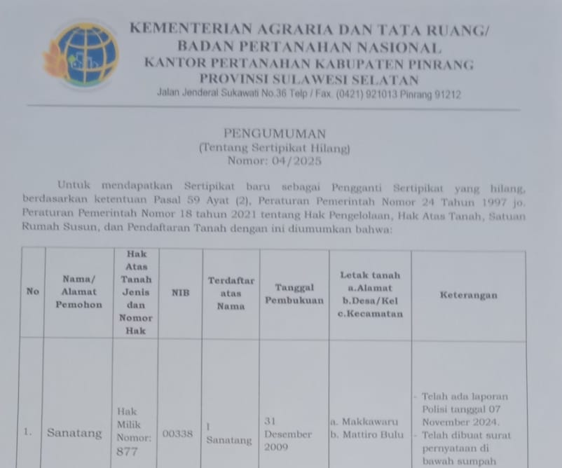 Kantor Pertanahan Pinrang Keluarkan Pengumuman tentang Sertifikat Hilang