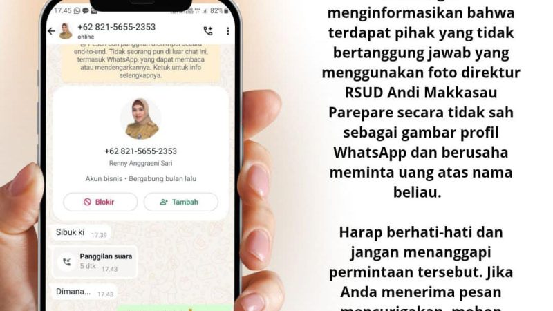 Waspada Penipuan, Foto Direktur RSUD Andi Makkasau Parepare Dicatut di Whatsapp Meminta Uang