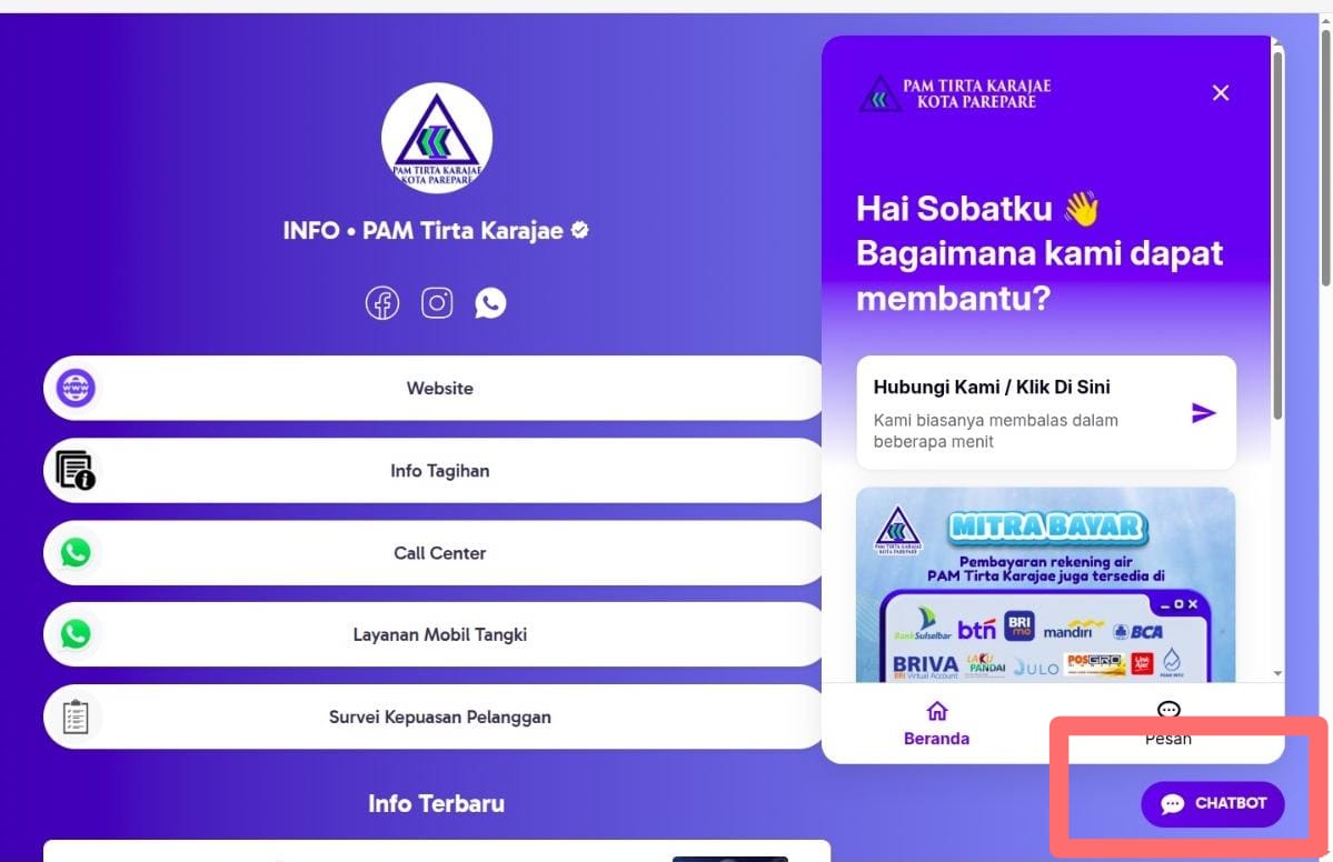PAM Tirta Karajae Hadirkan Inovasi Baru, Chatbot 24 Jam untuk Pelanggan