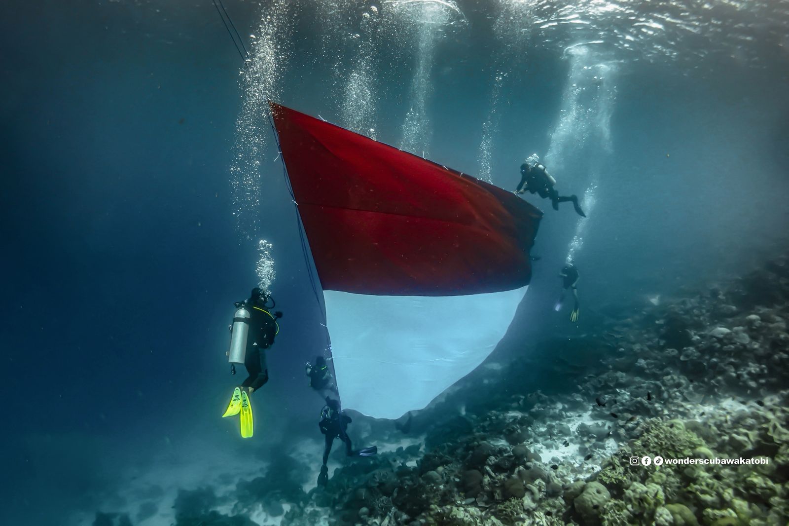 Pertamina Sulawesi Rayakan HUT RI ke 80, Bentangkan Bendera Merah Putih Terbesar di Bawah Laut Spot Ikonik Mata Uang 10 Ribu Rupiah Wakatobi