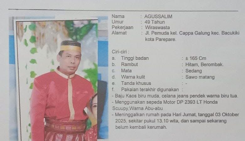 Warga Parepare Dilaporkan Hilang Selama 5 Hari, Keluarga Cemas dan Minta Bantuan