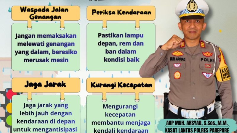 Satlantas Polres Parepare Rilis Tips Berkendara Aman saat Musim Hujan