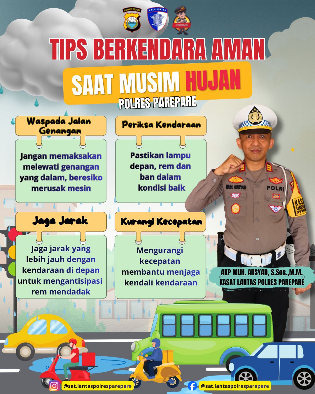 Satlantas Polres Parepare Rilis Tips Berkendara Aman saat Musim Hujan