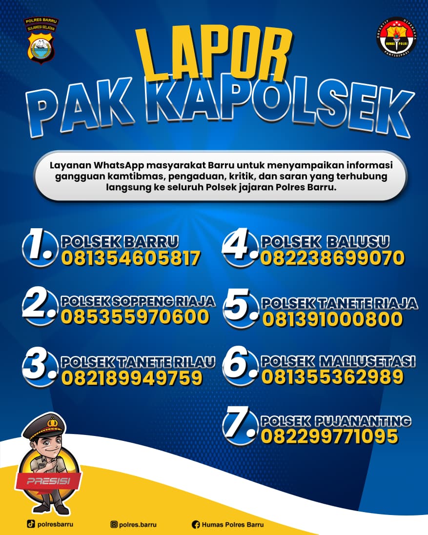 Polres Barru Luncurkan Inovasi Program Lapor Pak Kapolsek, Catat Nomor Telephon Pengaduannya