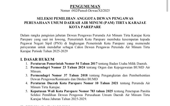 Pendaftaran Dewas PAM Tirta Karajae Resmi Dibuka hingga 3 Desember 2025