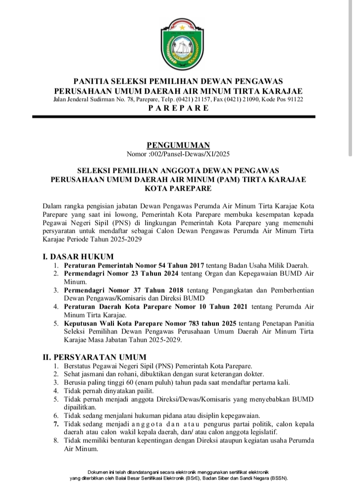 Pendaftaran Dewas PAM Tirta Karajae Resmi Dibuka hingga 3 Desember 2025
