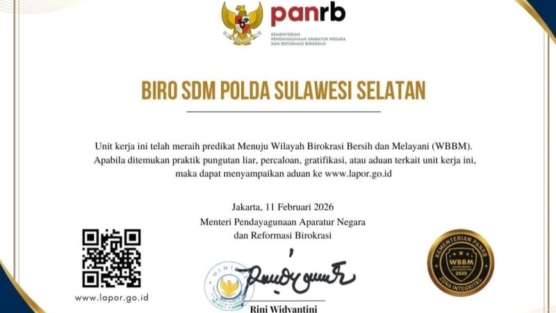 Selamat, Biro SDM Polda Sulsel Raih Predikat ZI WBBM