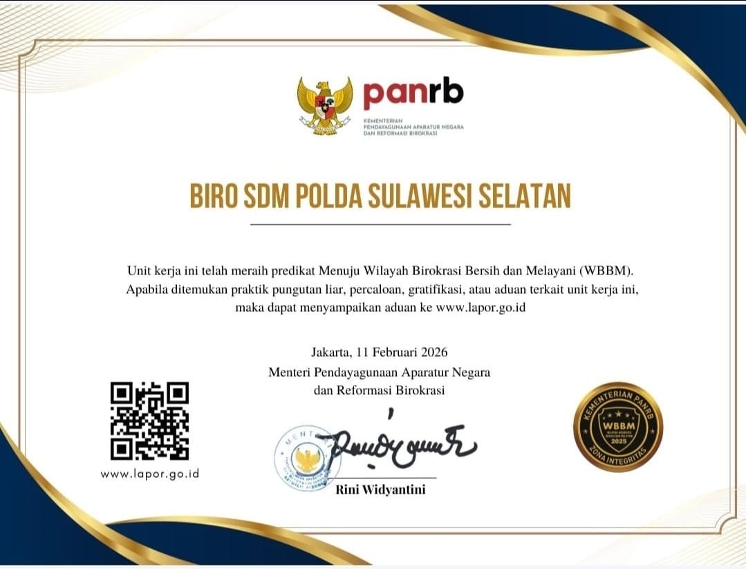 Selamat, Biro SDM Polda Sulsel Raih Predikat ZI WBBM