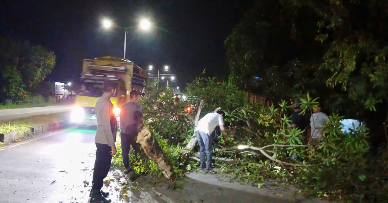 Polsek Tanete Rilau Gerak Cepat Evakuasi Pohon Tumbang di Jalur Poros Pare–Makassar
