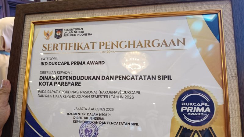 Parepare Raih Penghargaan IKD Disdukcapil Prima Award 2026, Satu-satunya di Indonesia Timur