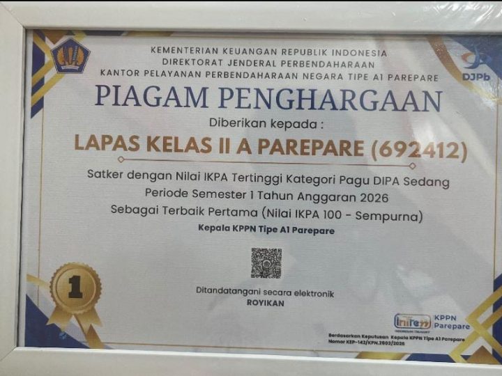 Kali Ketiga Raih IKPA 100, Lapas Parepare Kembali Ukir Prestasi di KPPN Parepare Awards 2026