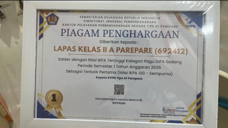 Kali Ketiga Raih IKPA 100, Lapas Parepare Kembali Ukir Prestasi di KPPN Parepare Awards 2026
