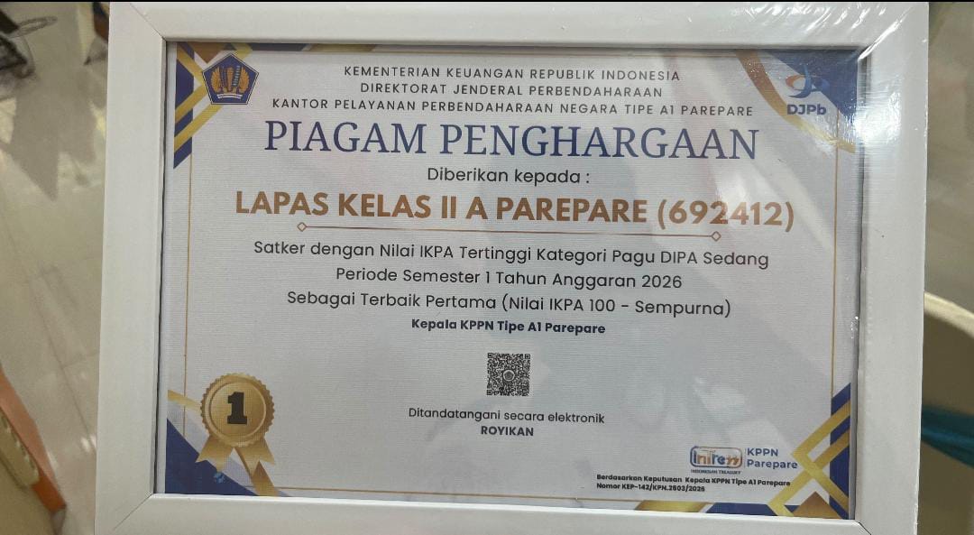 Kali Ketiga Raih IKPA 100, Lapas Parepare Kembali Ukir Prestasi di KPPN Parepare Awards 2026